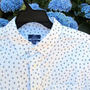 MEN'S SHORT SLEEVE SHIRT, XL 46-48-50" NWT WHITE & BLACK COTTON BUTTON FRONT